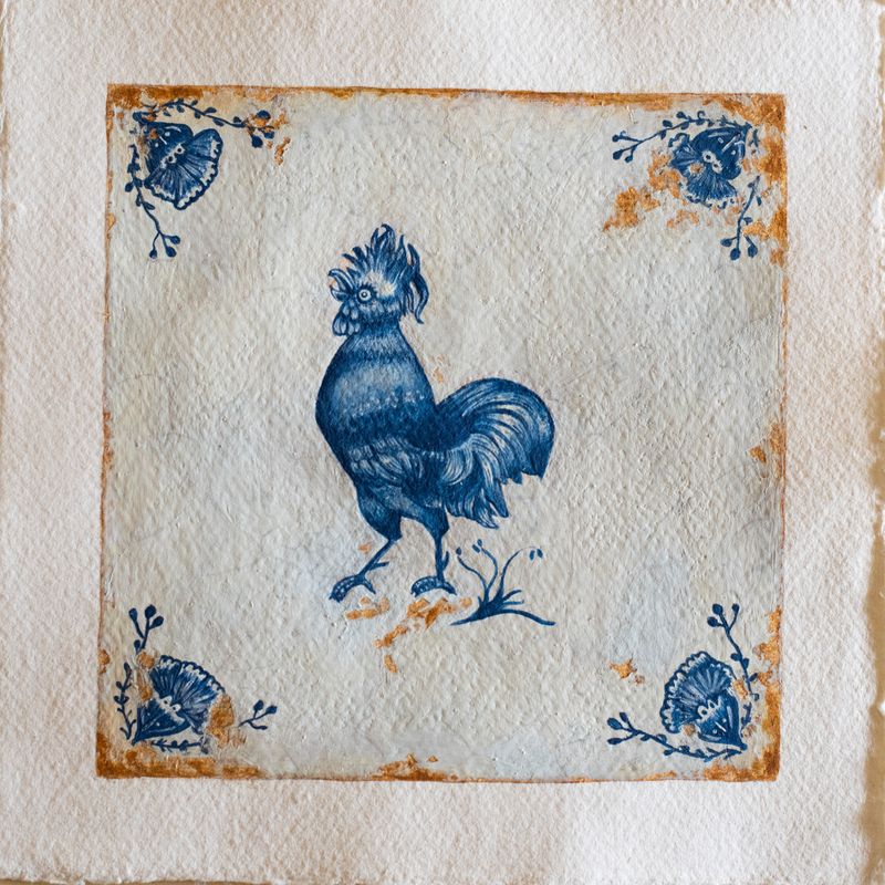 Rooster. Egg Tempera on handmade paper