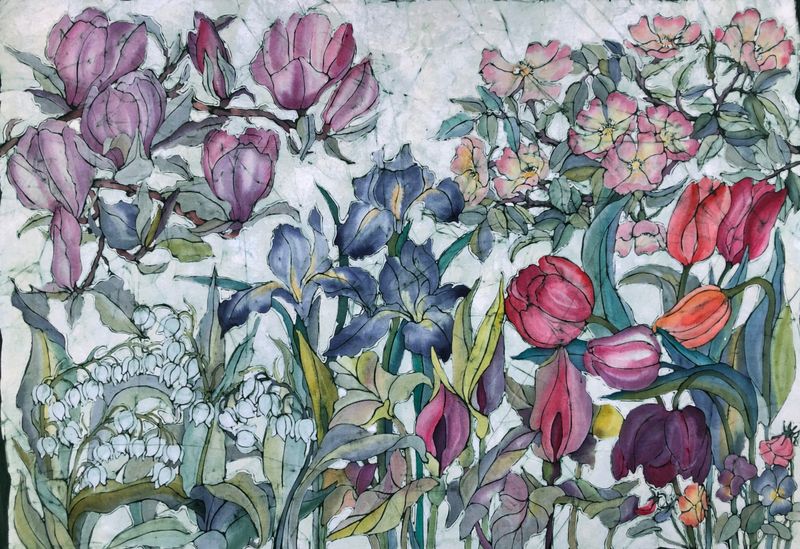 In my Garden  digital print my original Batik