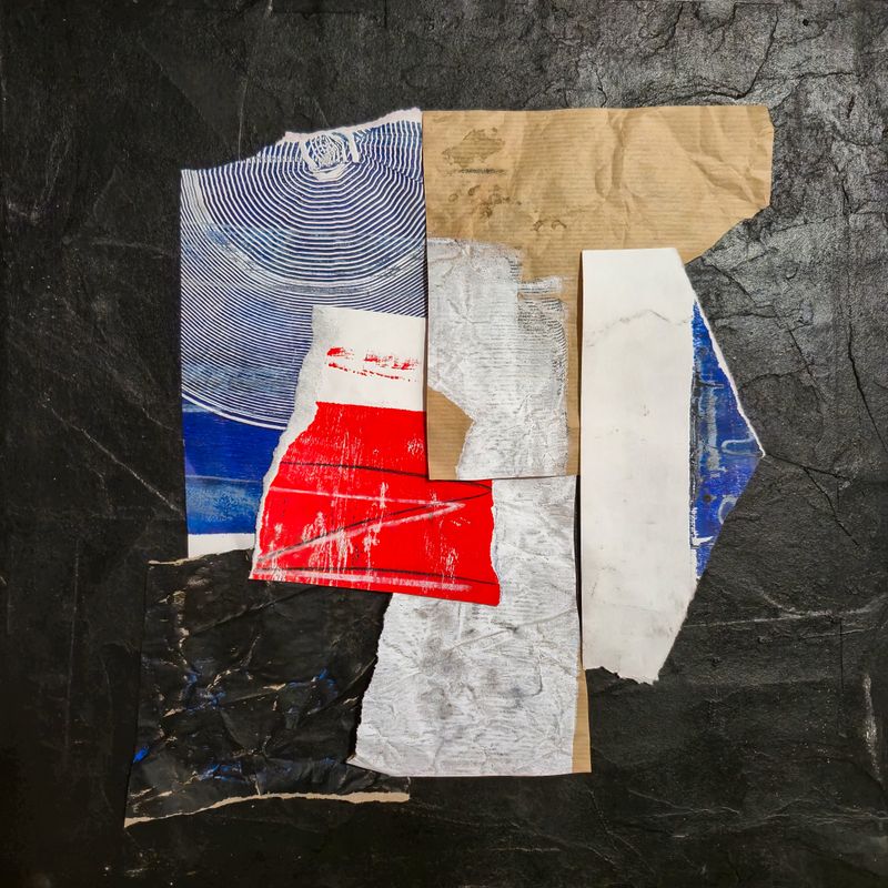 Temporary paper collage on textured wood panel