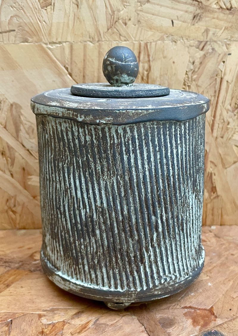 Black stoneware hand built tea caddy
