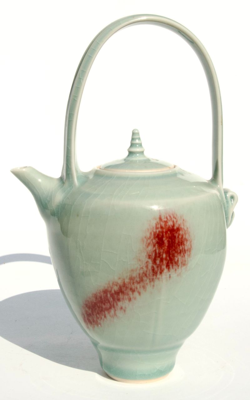 Celadon teapot with copper red flash
