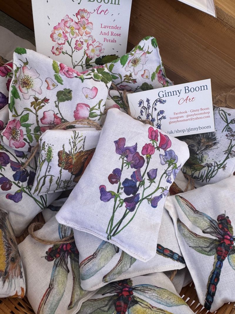 Hand made textiles,  scented lavender and rose sachets with colourful illustrations