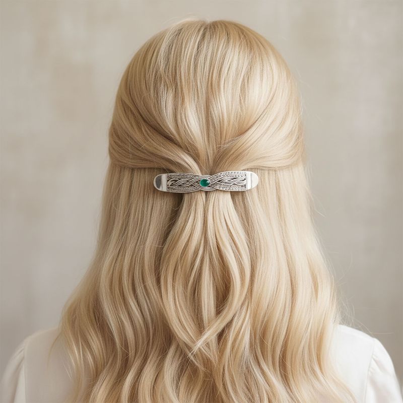 Woven Hair Barrette with  Emerald