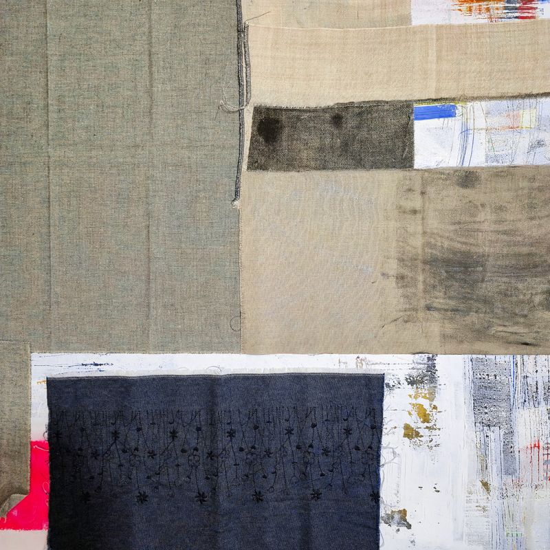 Detail of work-in-progress collage on canvas