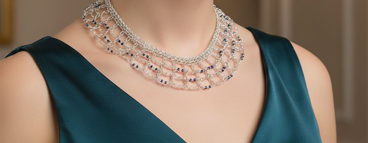 Sterling Silver Crocheted Necklace with Sapphires