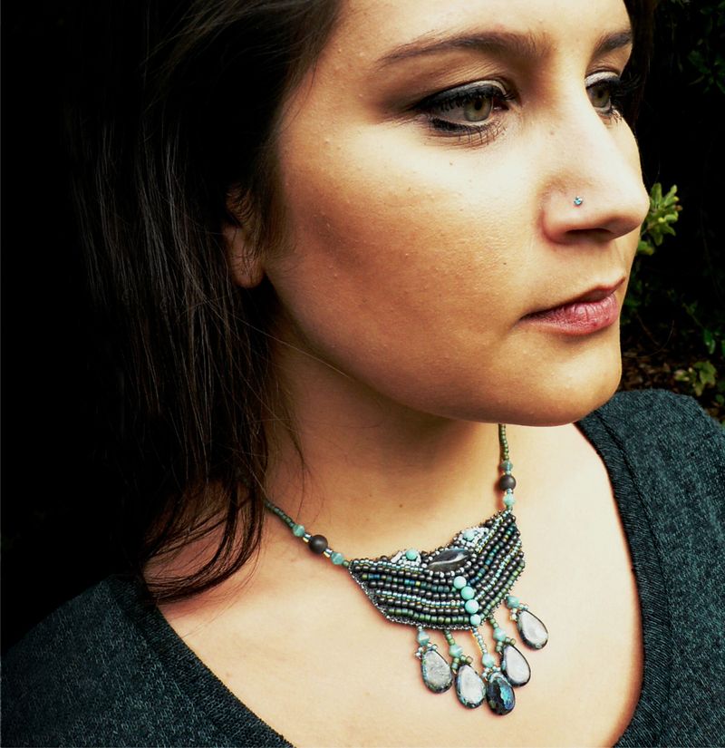 Labradorite, Amazonite, Haematite and glass