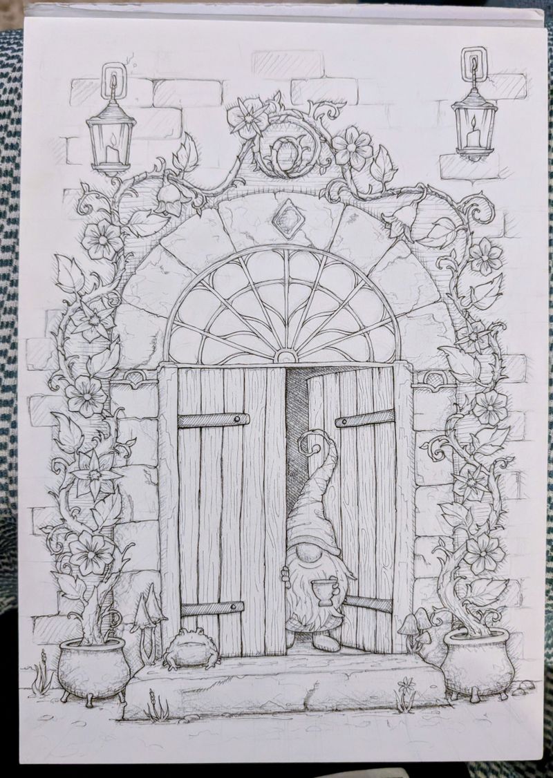 Gnome sweet Gnome, pencil and ink drawing