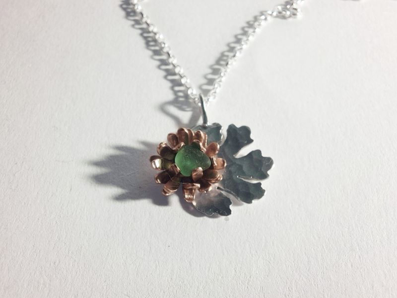 Mixed metal Chrysanthemum necklace with seaglass centrepiece