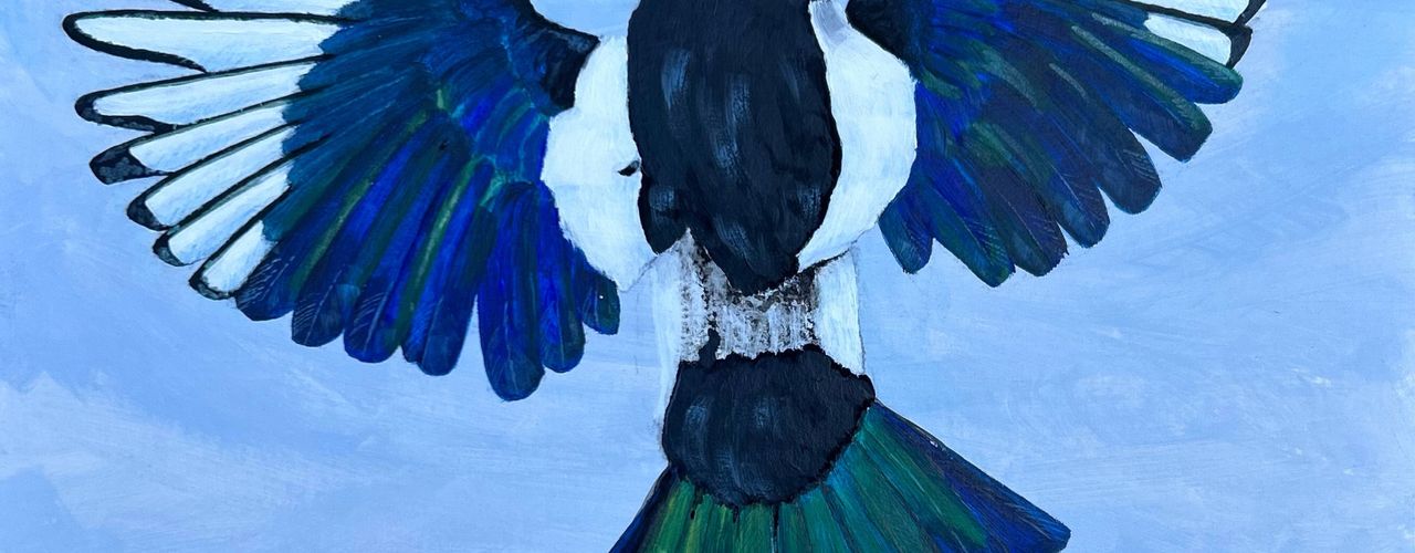 Magpie rises up and away. As a way of easing pain. Painted after the death of my dog.