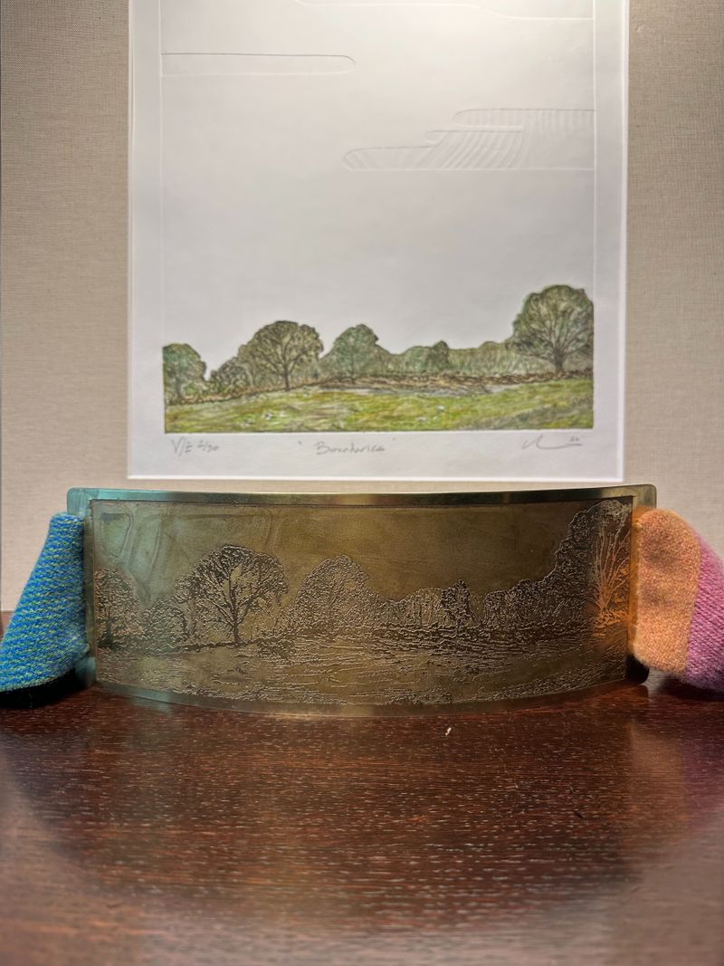 Boundaries, Intaglio: Drypoint Etching, Chine-collé and Embossing and Brass Belt, silversmithing techniques