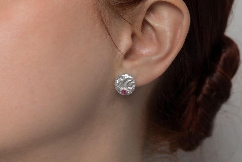 Recycled silver, unique texture stud earrings with rubies