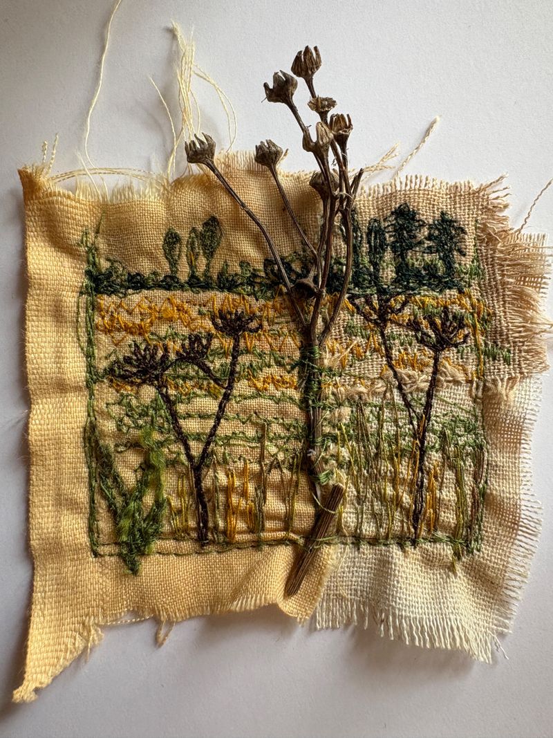 Plant dyed fabric with stitch and seed heads