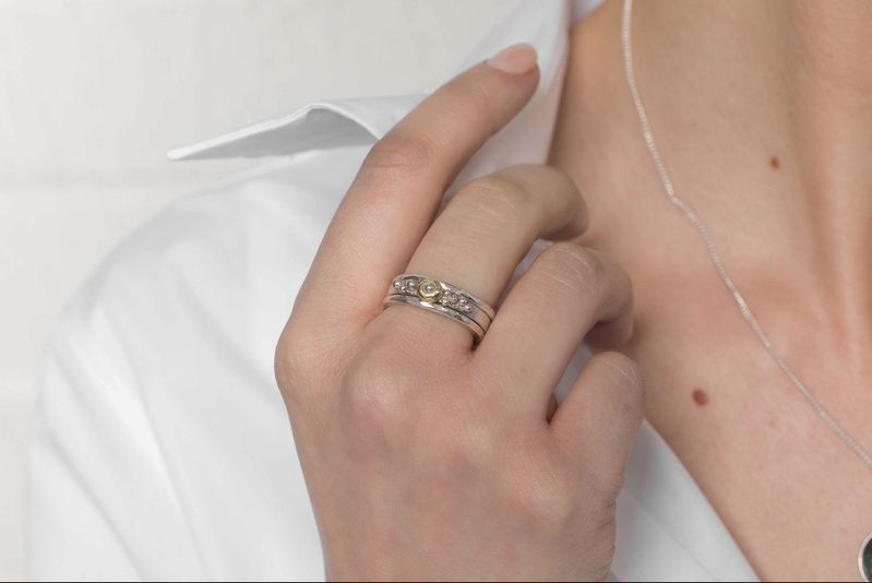 Recycled silver and gold stacking rings set