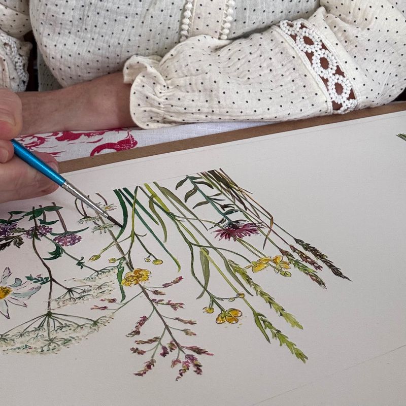 Watercolour painting, delicate detail of wildflowers