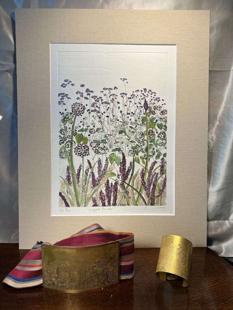 'Croquet Border'  Intaglio, Drypoint Etching and Embossing, À la poupée   Brass Belt and Cuff: silversmithing techniques