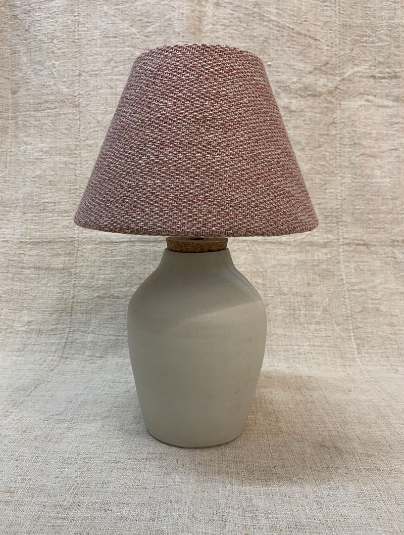 Mohair woven lampshade sitting with a Karen Tacey Lamp base