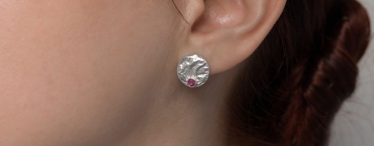 Recycled silver, unique texture stud earrings with rubies