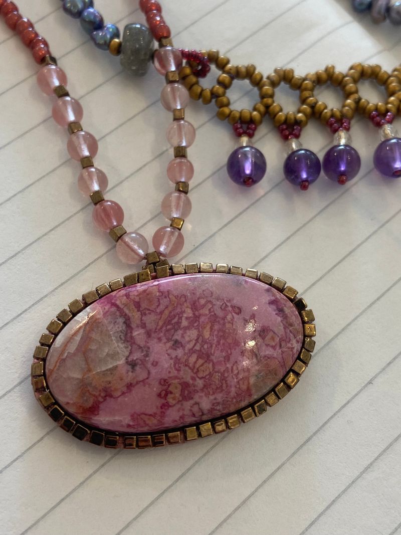 Lepidolite Pendant w/ cherry Quartz and Miyuki glass cubes