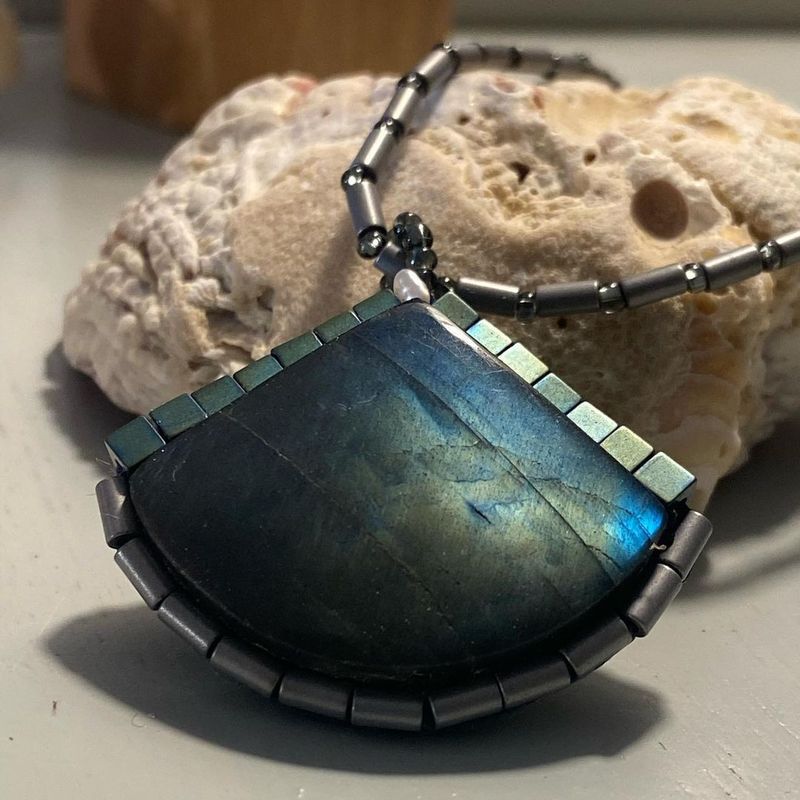Labradorite Cabochon Pendant with matte electroplate Haematite
