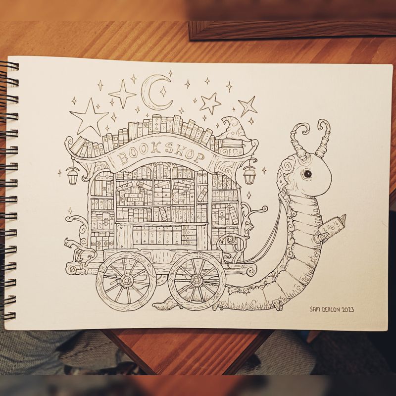 The Bookworm. ink drawing colouring page