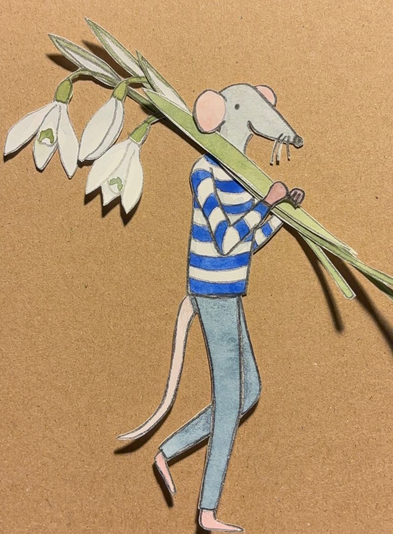 Mouse - carrying snowdrops, watercolour and ink